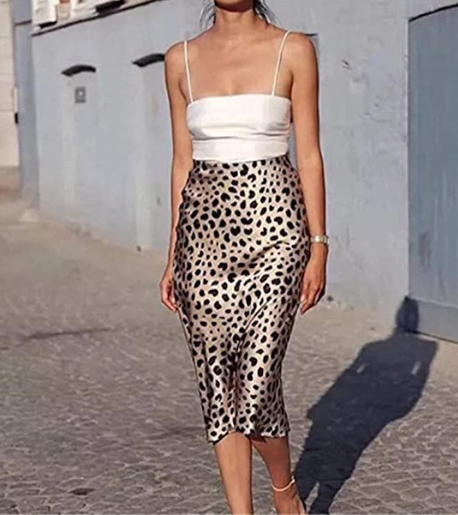 Soowalaoo High Waist Leopard Midi Skirt