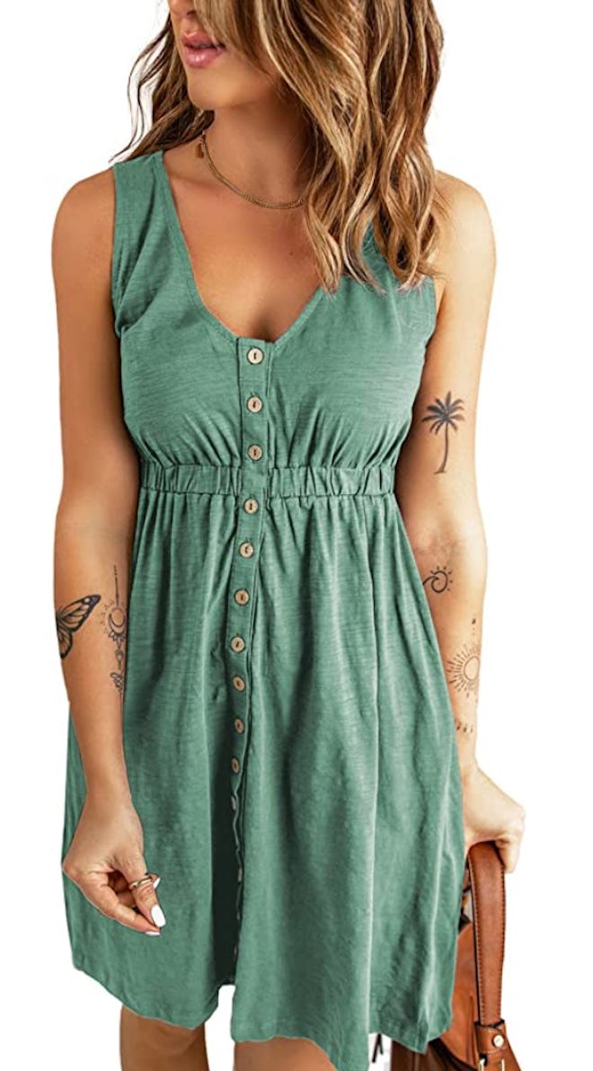 BLENCOT V Neck Sleeveless Button Down Dress