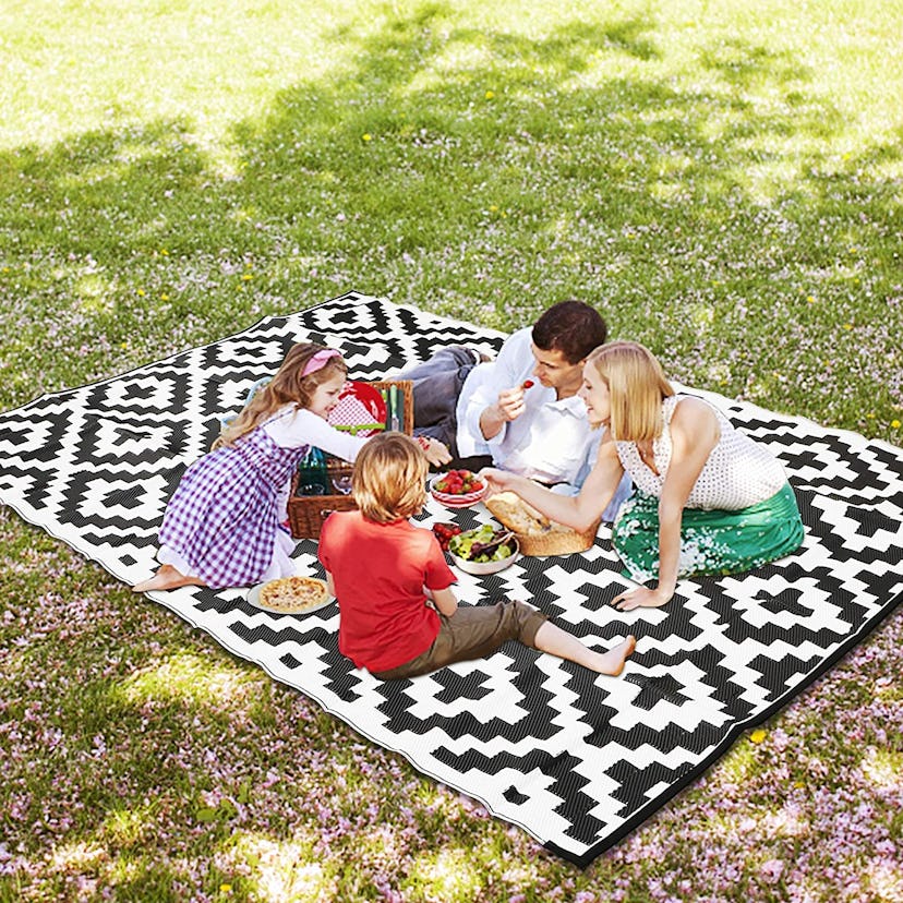 Family having picnic on Sand Mine reversible plastic straw rug, a patio decor find