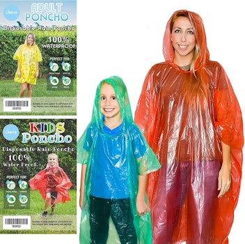 models wearing kids and adult sized ponchos in green and red respectively