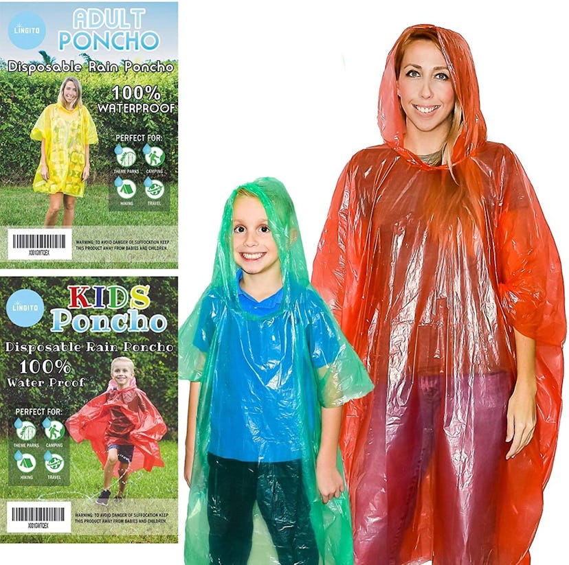 models wearing kids and adult sized ponchos in green and red respectively