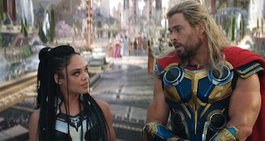 still of Tessa Thompson and Chris Hemsworth in Thor: Love and Thunder