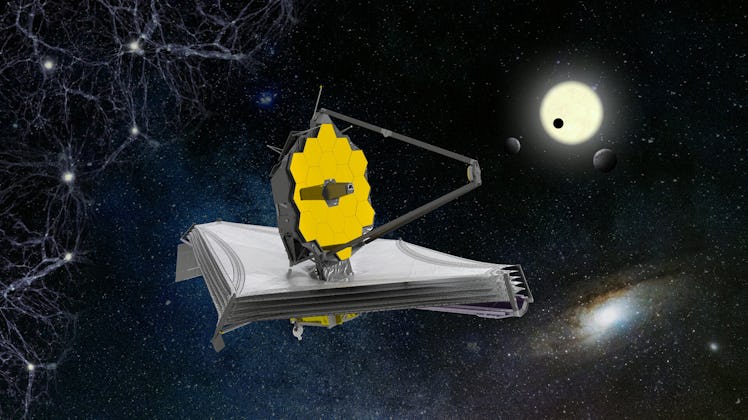 james webb space telescope wit a star to its right and several planets