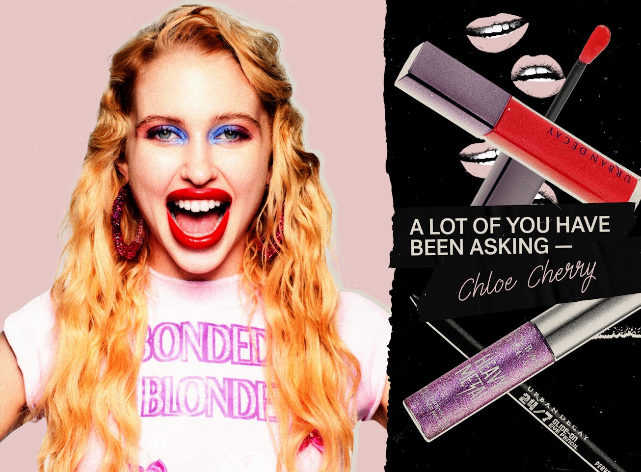 Chloe Cherry from the TV show Euphoria with bold make-up next to some make-up prodycts, including re...