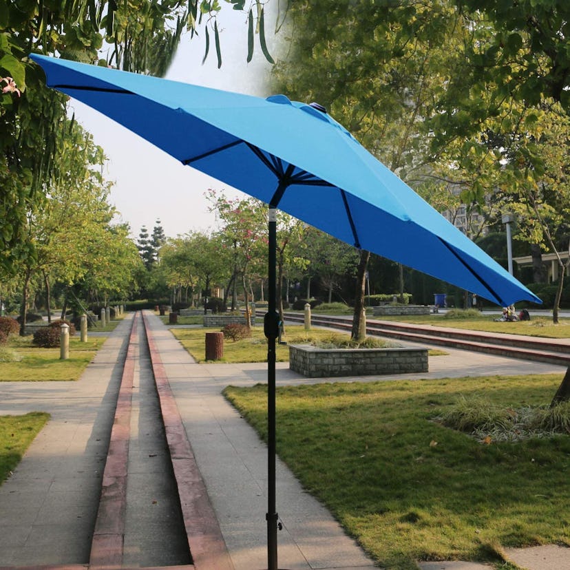 Blue Sunnyglade umbrella, an affordable patio decor find