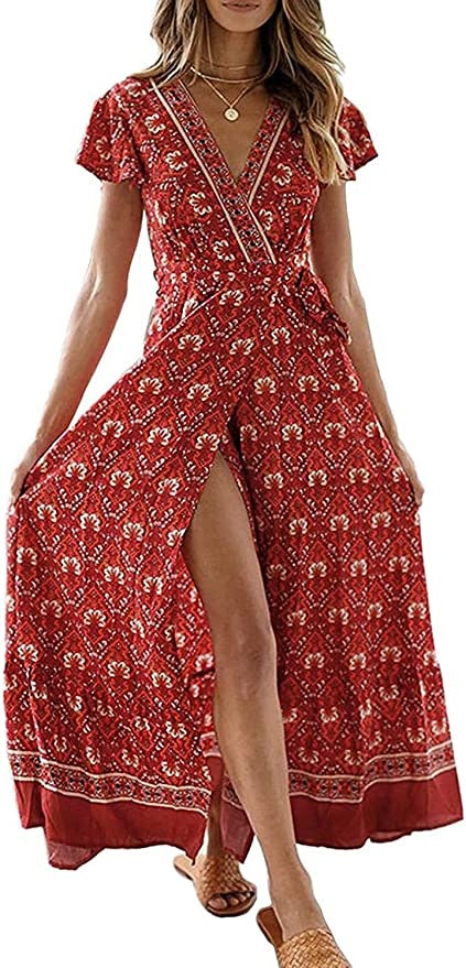 SHENYANGWA Maxi Dress Plus Size Womens Summer Dresses Casual V-Neck Long Beach Magic Flame Print Long Sundress Party Cocktail 