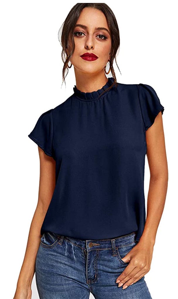 Romwe Elegant Short Sleeve Mock Neck Blouse