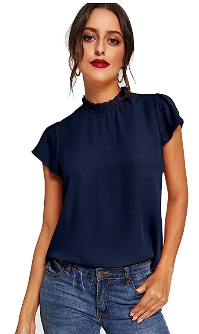Romwe Elegant Short Sleeve Mock Neck Blouse