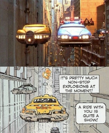 Above: Bruce Willis’ flying taxi in The Fifth element. Below: A similar design in Valérian and Laure...