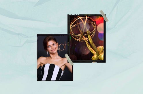 A collage of Zendaya and the Emmy award trophy