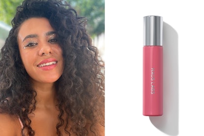 Elite Daily Beauty Editor Amber Rambharose wears Haus Labs Atomic Shake Lip Lacquer in Rose Shine