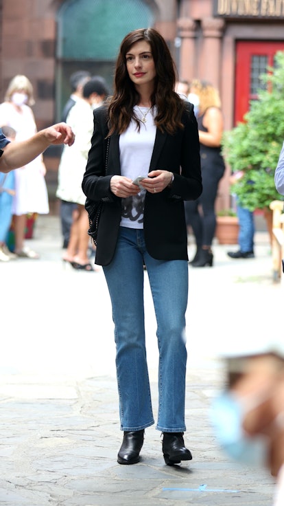 Anne Hathaway is seen on the set of 'WeCrashed' on July 9, 2021 