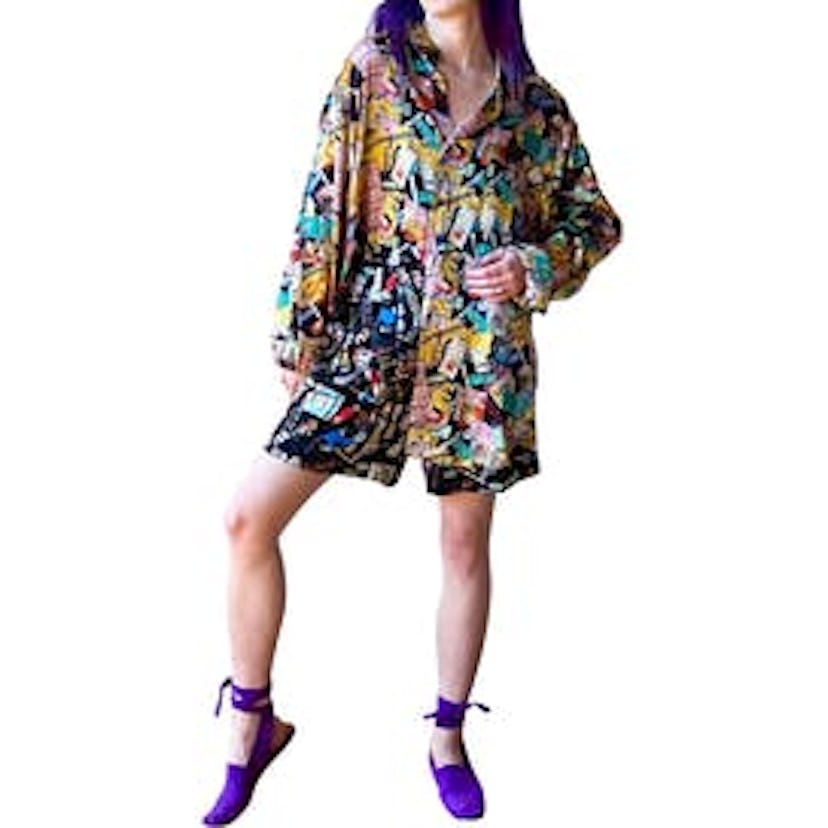 90s Nicole Miller Shopaholic Shopping Novelty Print Silk Shirt Blouse