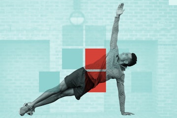 Man doing HIIT for beginners in front of a light blue background.