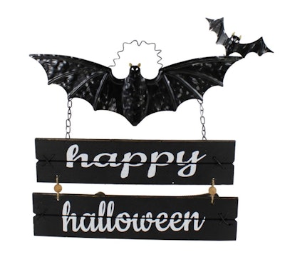 This Northlight Black Bat Happy Halloween Metal Hanging Sign Wall Decor is a Halloween decoration fr...