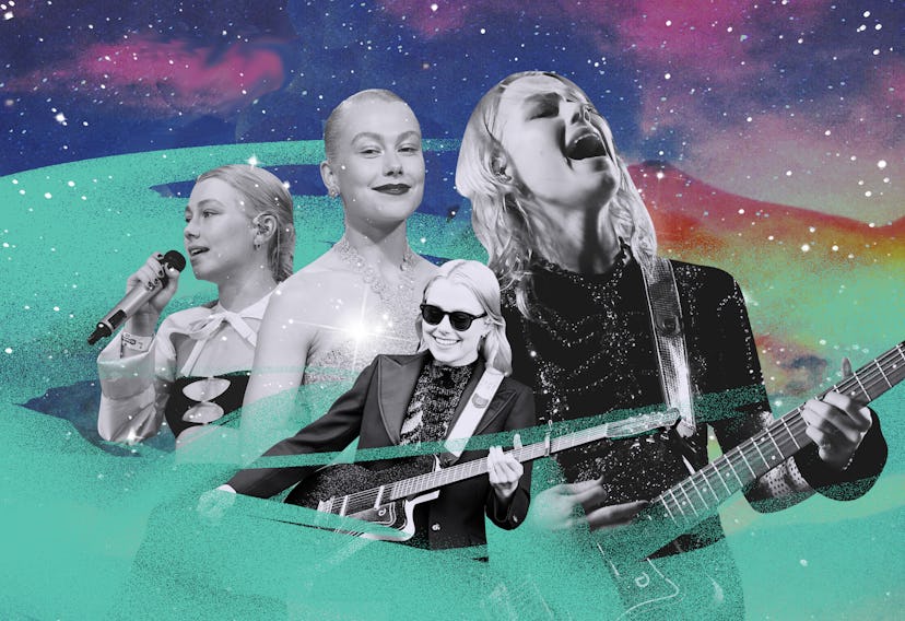 A collage with Phoebe Bridgers in four different outfits