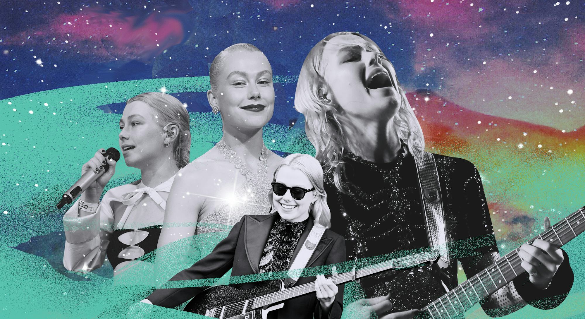 A collage with Phoebe Bridgers in four different outfits