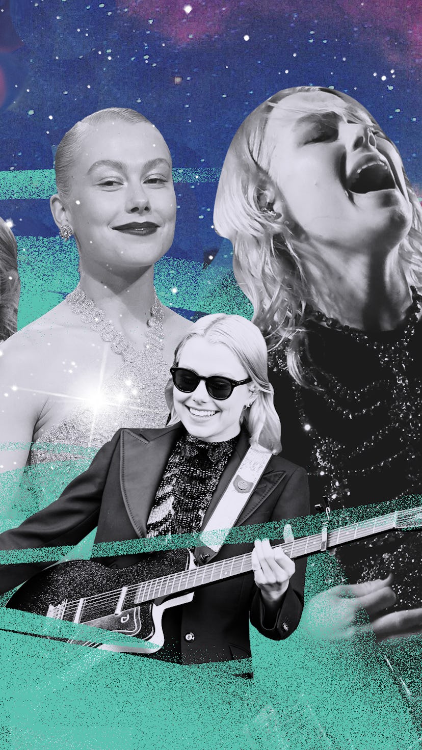 A collage with Phoebe Bridgers in four different outfits