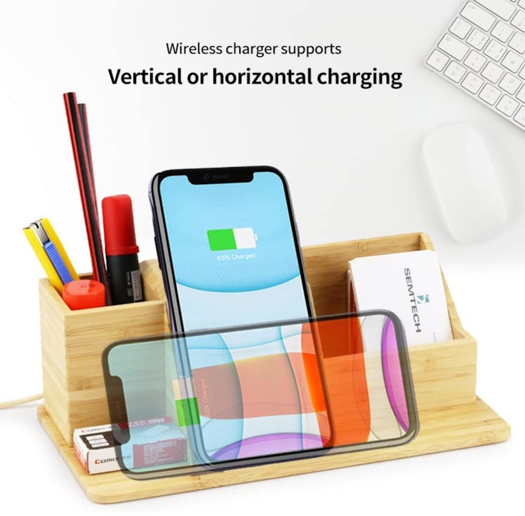 A Bamboo Desk Organizer with Wireless Fast Charger Stand is on sale for 30% off on Amazon Prime Day ...