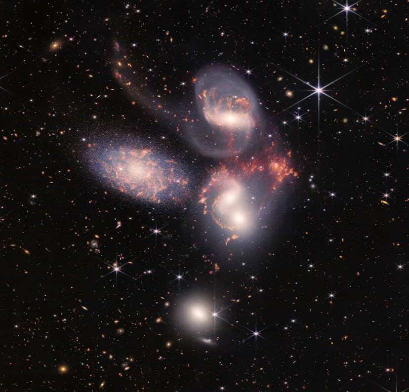  Stephan’s Quintet, a collection of galaxies, captured through the James Webb Space telescope.