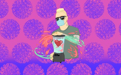 Illustration with Eve 6's Max Collins with mask on and COVID background