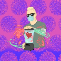 Illustration with Eve 6's Max Collins with mask on and COVID background