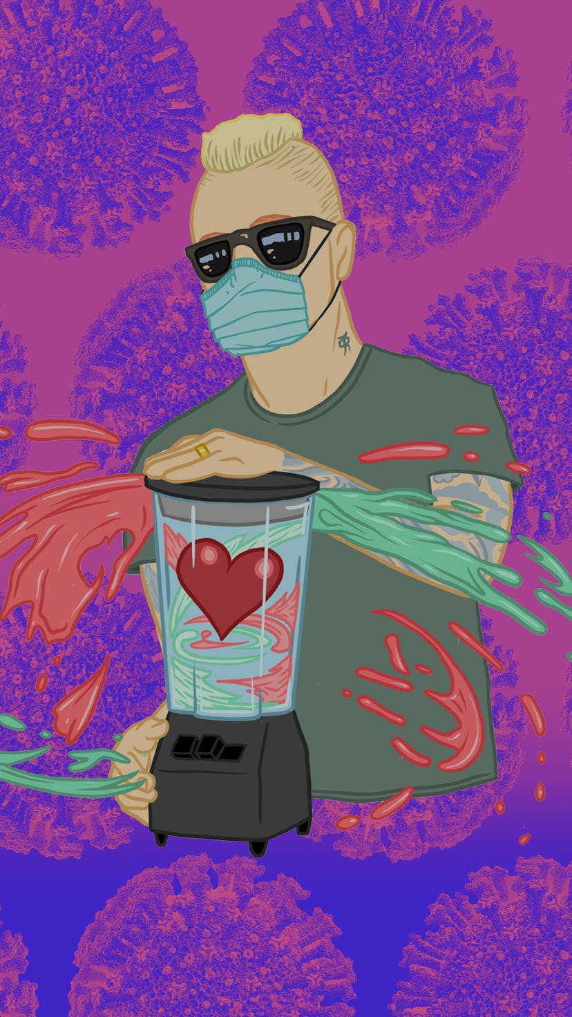 Illustration with Eve 6's Max Collins with mask on and COVID background