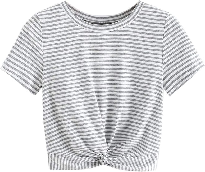 MakeMeChic Twist Front Short Sleeve Cropped T-Shirt