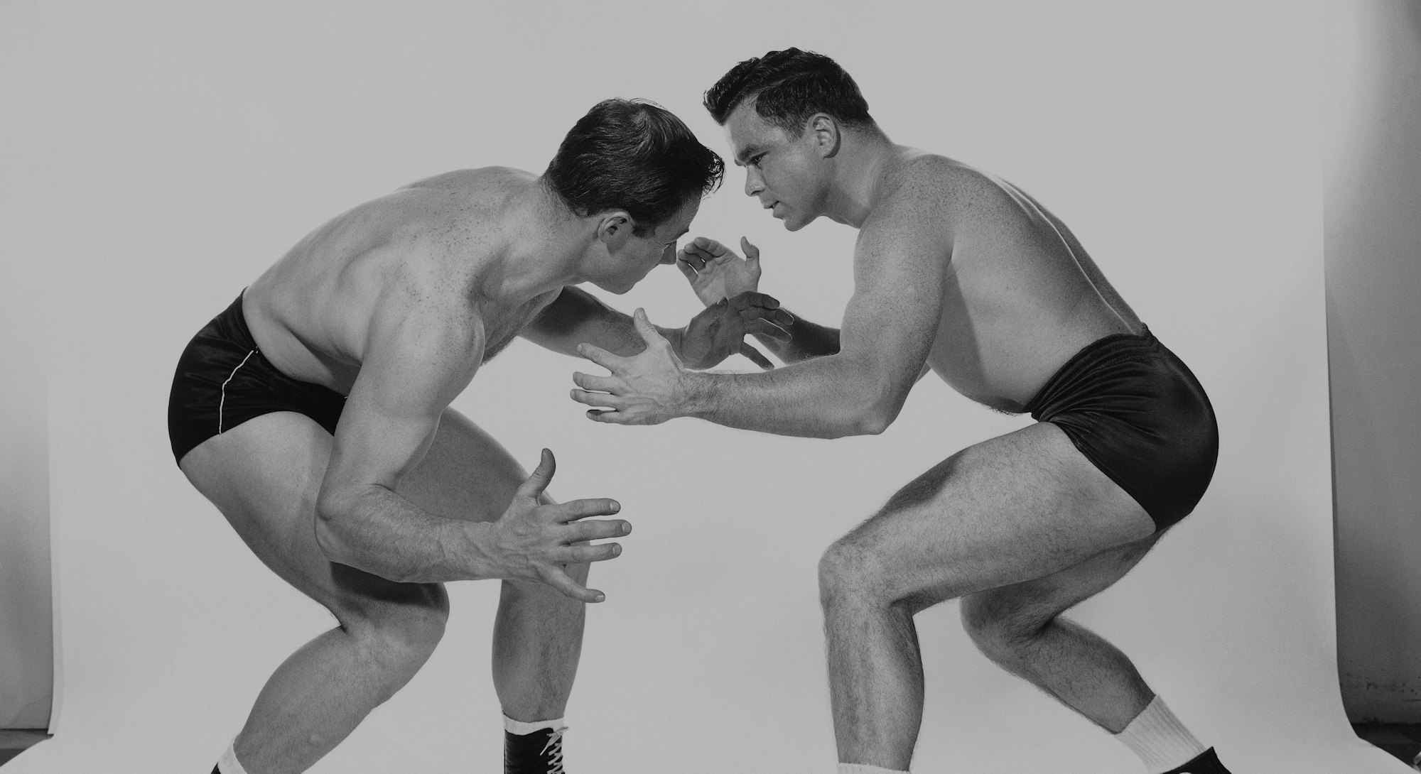 Two professional wrestlers in black and white photo