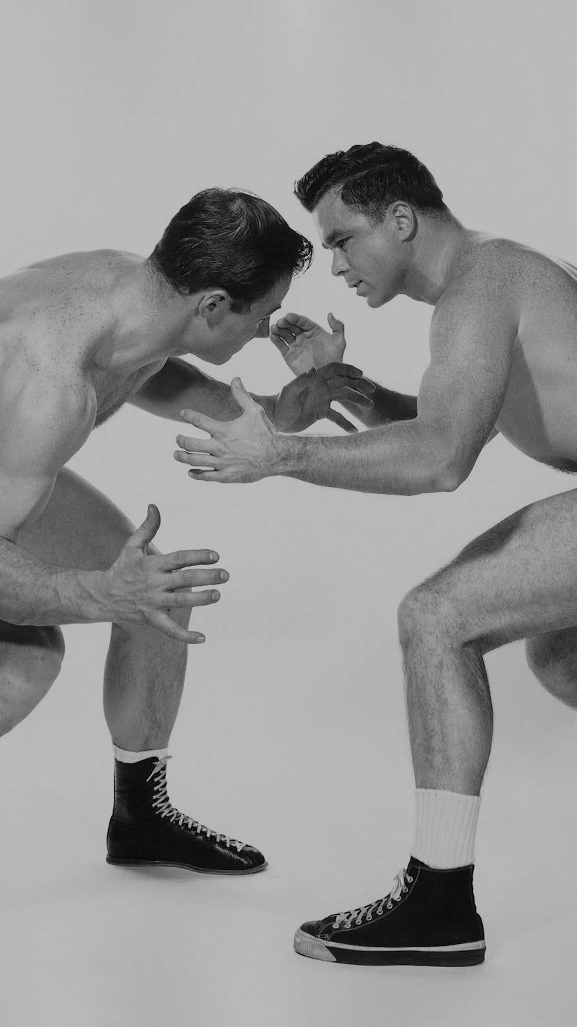Two professional wrestlers in black and white photo