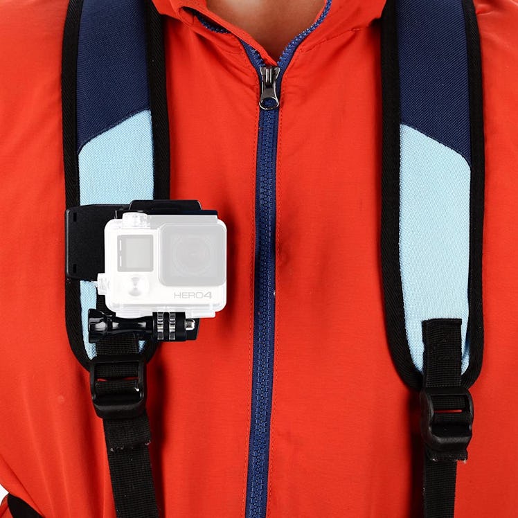 This affordable GoPro clamp clips onto your backpack (or anywhere else) and stays put.  