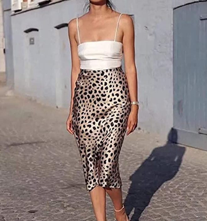 Soowalaoo High Waist Leopard Midi Skirt 