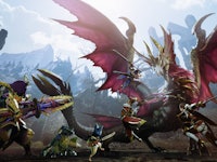 Four characters from the Monster Hunter Rise video game attacking a red dragon with a white head