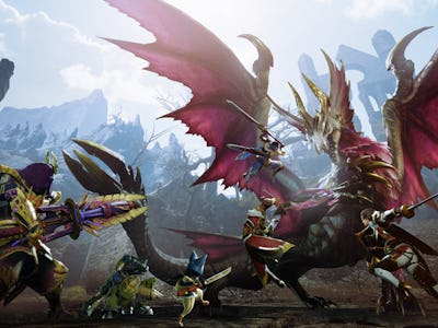 Four characters from the Monster Hunter Rise video game attacking a red dragon with a white head