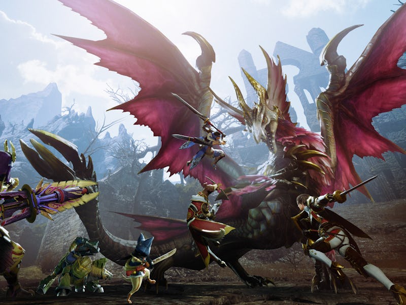 Four characters from the Monster Hunter Rise video game attacking a red dragon with a white head