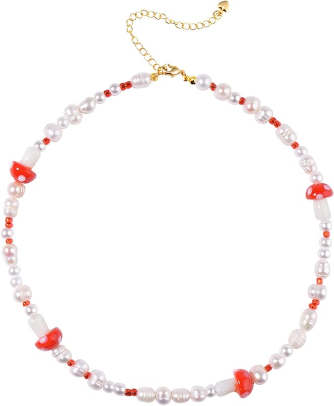 beaded pearl necklace with mushrooms