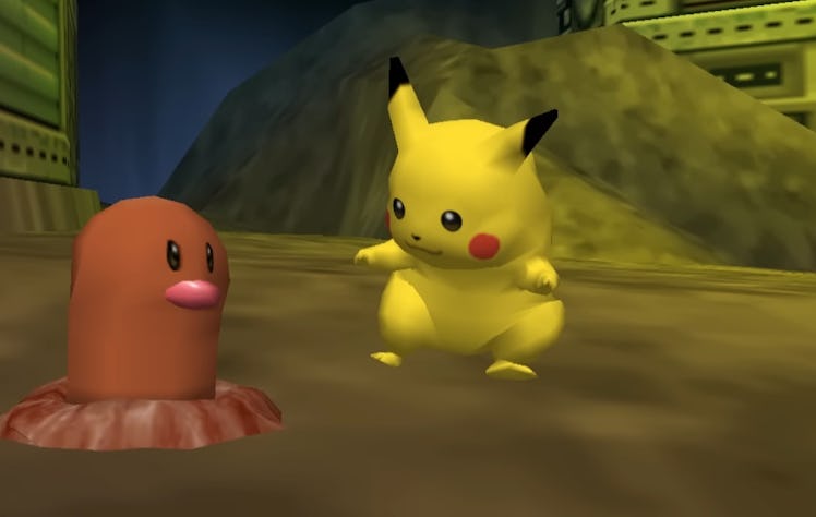 Pikachu and Diglett hanging out in Pokémon Snap for the Nintendo 64.
