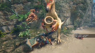 The Hunting Horn which is in a B class tier attacking a dinosaur-looking monster 