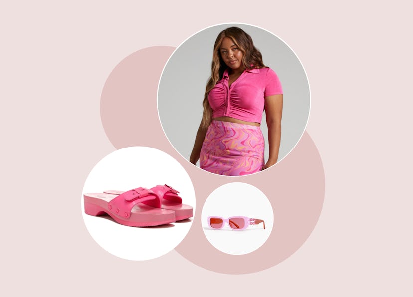 Barbiecore inspired pink slippers, sunglasses, a top and a skirt