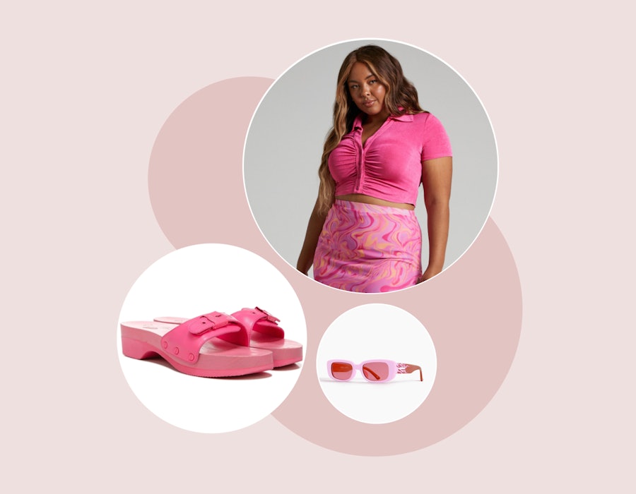 Barbiecore inspired pink slippers, sunglasses, a top and a skirt