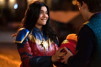 Iman Vellani smiling at Matt Linz in the new Marvel tv show called Ms. Marvel