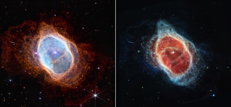 two views of the same object, an oblong nebula with gas around it