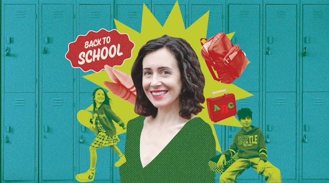 Collage of two kids and a woman smiling as she celebrates her kids' back-to-school season