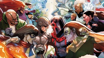 An illustration of the X-Men and the Inhumans all fighting against each other