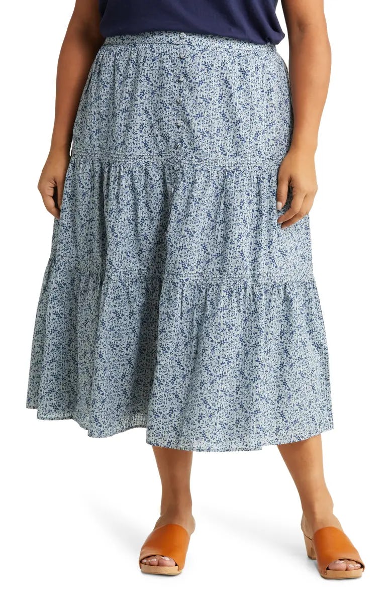 Madewell Plus Florentine Floral Button Front Tiered Maxi Skirt