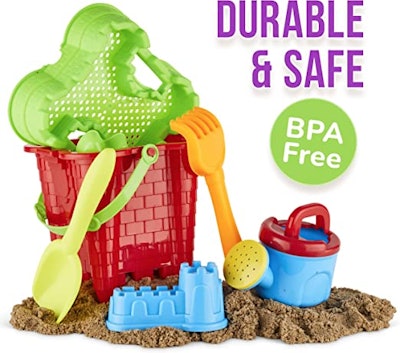 Buckets, shovels, and sieves are classic beach toys for kids.