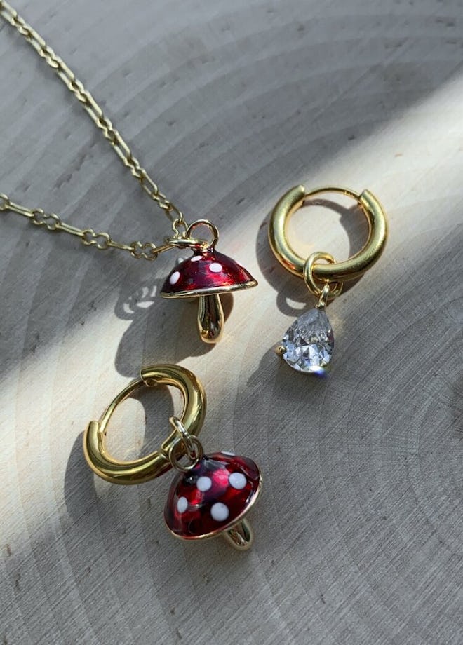 baby porcini necklace with mushrooms and small jewel