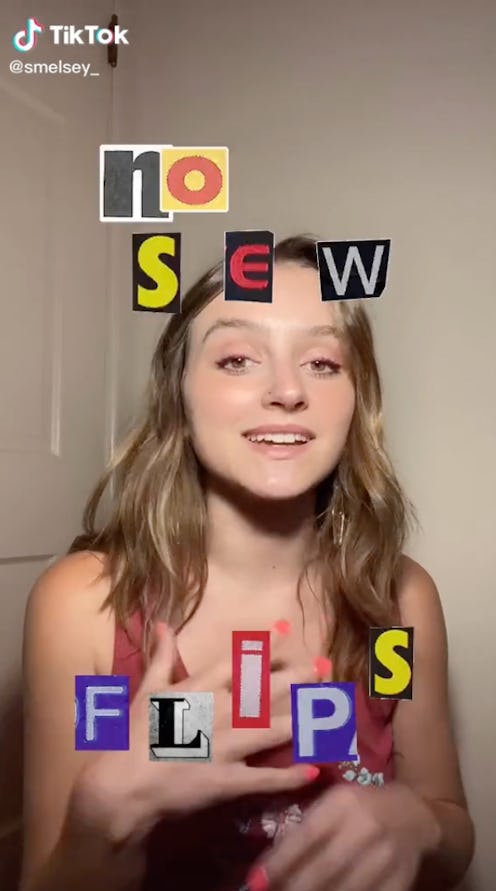 Screenshot of a TikTok describing no sew upcycling techniques for thrifted clothing.