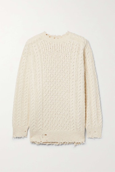 Aran oversized distressed cable-knit cotton sweater