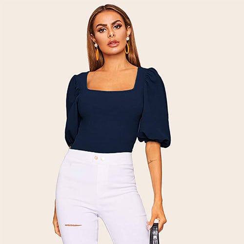 Romwe Puff Sleeve Square Neck Blouse